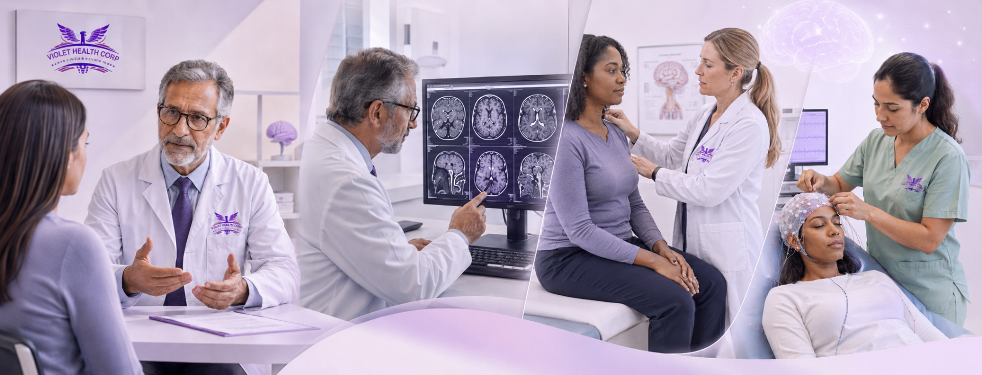 Violet Health Corp neurology team performing evaluations, brain imaging review, and EEG testing.
