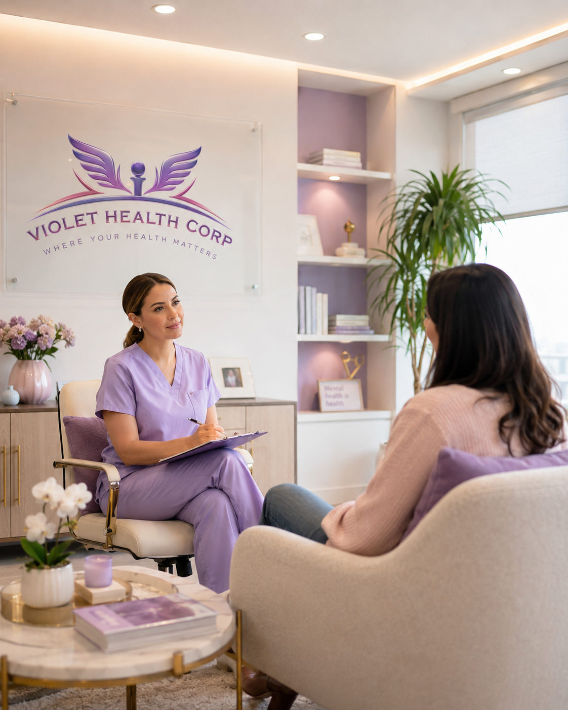 Individual psychiatric consultation and mental health therapy session in a calm professional clinical office.