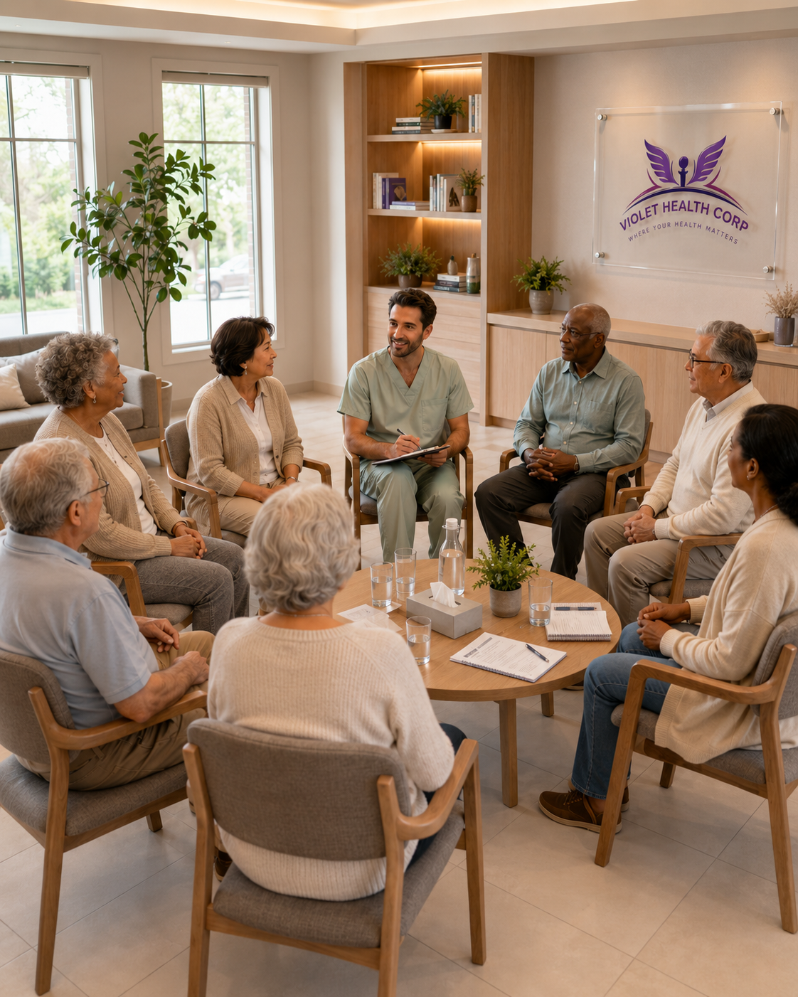 Group therapy session for older adults led by a male therapist in a modern mental health clinic.